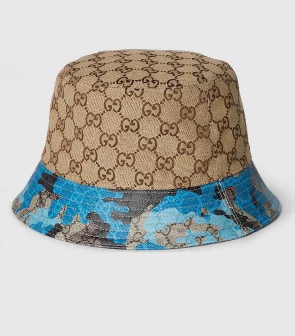 NWT Gucci GG Supreme Canvas Bucket Hat M 58cm Blue Camo Unisex